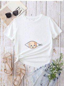Resim Hamile Gebe T-shirt Bebek Fermuar Baskılı - Beyaz Bisiklet Yaka Oversize Tişört 