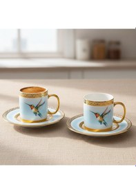 Resim Stork Mavi Gold Renk Kuş Figürlü 6 Kişilik Porselen Kahve Fincan Takımı - 90 Ml. Mavi - Beyaz 