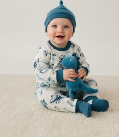 Resim Zekids Erkek Bebek Pamuklu Dinazor Desenli Pijama Takımı-16268 Mavi 