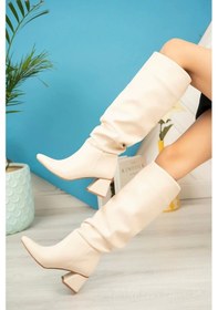 Resim Bej Körüklü Kalın Topuklu Günlük Bayan Çizme Bej 