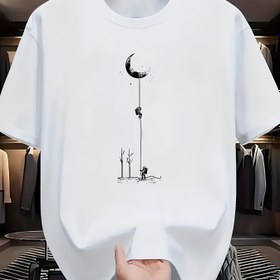 Resim Erkekler için Günlük Grafikli Tişört - Yumuşak Polyester Karışımı, Bisiklet Yaka, Kısa Kollu, Yaz Stili, Benzersiz Ay ve Figürler Baskılı, Hafif ve Rahat, Günlük Kıyafet için Uygun, Her Gün Giyilebilecek Tişört | Sanatsal Tasarım Gömlek | Hafif Gömlek 