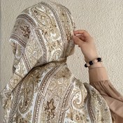 Resim Bohemian Paisley Eşarp - Şık Çiçek Desenli Boyun Bandı veya Yüz Peçesi, Esnek Olmayan Yumuşak Kumaş Kadınlar İçin, Resmi ve Günlük Kıyafetler için - Asya Tarzı Aksesuar Bej & Eski Altın Tonlarında, Moda Stili, Detaylı İşçilik, Zarif Şal, Boho Tutkunları 