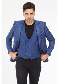 Resim Sposo 5140 Yelekli Dar Kalıp Açık Laci Ekose Erkek Blazer Ceket Açık Lacivert 