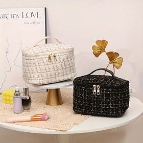 Resim Büyük Kapasiteli Kontrol Edilmiş Makyaj Çantası - Şık Seyahat Kozmetik Organizatörü, Çoklu Bölümler, Dayanıklı Polyester, Su Geçirmez Değil, Beyaz ve Siyah Tasarım, Güzellik Malzemeleri İçin Mükemmel, Kozmetik Seyahat Çantası 