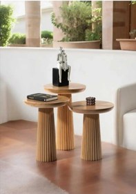 Resim Wood Wooden 3 Lü Set Fitilli Mantar Yan Sehpa Modern Ahşap Renk Fiskos Kahverengi 