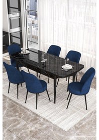 Resim Canisa Kor Serisi 70x114 Açılabilir Mutfak Masası Takımı Siyah Mermer Desen Masa 6 Lacivert Sandalye Masa Siyah Mermer Desen Sandalye Lacivert 