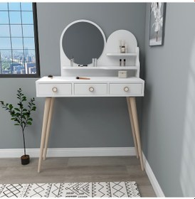Resim Arnetti Ruges Aynalı Makyaj Masası Ahşap Ayaklı Beyaz 
