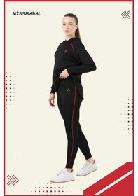 Resim Kadın Eşofman Takım Siyah Üst Tunik & Siyah Regular Fit Lycralı Tayt Dalgıç Kumaş Aktif Spor 3060 Siyah Kırmızı Şeritli 