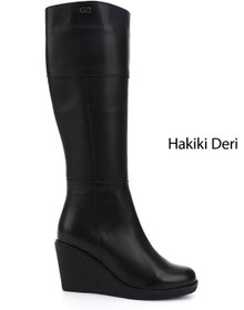 Resim GÖNDERİ(R) Kadın Siyah Fermuarlı Dolgu Topuklu Hakiki Deri Çizme 