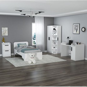 Resim Luses Genç Odası Takımı, Çalışma Masası, Gardırop, Komodin, Karyola - 4'lü Takım Beyaz Beyaz 