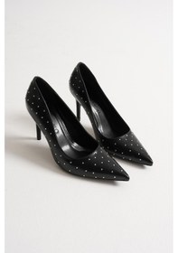 Resim Zerina Kadın Siyah Metal Aksesuarlı Sivri Burun Yüksek İnce Topuklu Ayakkabı Stiletto 9 Cm Siyah 