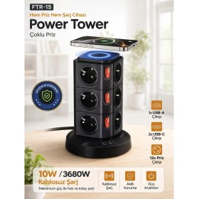 Resim vooka Kablosuz Şarjlı Power Tower 12’li Çoklu Priz 3680W USB & Type-C Akıllı Priz 