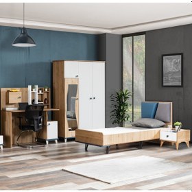 Resim Lotus Genç Odası Takım Karyola, Dolap, Komodin, Çalışma Masası Beyaz 