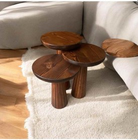 Resim Kestane Renk Ahşap Mantar Sehpa 3 Lü Fiskos Ve Zigon Sehpa Bej 