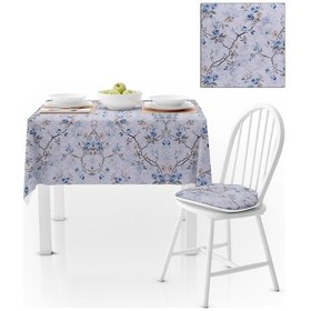 Resim Sarmaşık Desenli Çiçekli Gri Mavi Tarçın Kadife Dokulu 180x260 Masa Örtüsü 