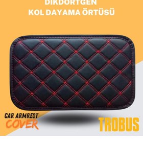 Resim TROBUS Siyah Suni Deri Kırmızı Dikişli Dikdörtgen Kol Dayama Örtüsü 
