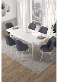 Resim Canisa Concept Kor Serisi 70x114 Açılabilir Mutfak Masası Takımı Beyaz Masa 6 Füme Sandalye Masa Beyaz 6 Füme Sandalye 