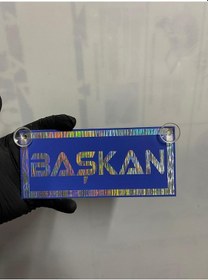 Resim Mavi Renk Üzeri Hologram Renk Başkan Yazılı Vantuzlu Cam Süsü 