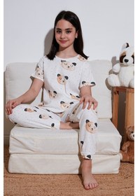 Resim Lela % 100 Pamuk Bisiklet Yaka Kısa Kollu Kız Çocuk Pijama Takımı 6651002 Ekru 