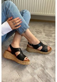Resim Kadın Tinge Siyah Cilt Kalın Mantar Taban Ortopedik Sandalet K-250 Siyah 