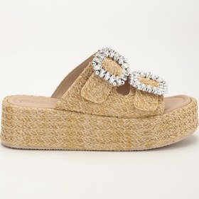 Resim Kadın Dolgu Topuklu Terlik Bej İki Bantlı Kare Taşlı Tokalı Kaplama Taban-4048 Bej 