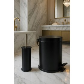 Resim Siyah Çelik Metal 3 Litre Pedallı Çöp Kovası ve Wc Fırçası Seti Banyo Seti 
