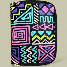Resim Geometrik Desenli Mini Cüzdan, Fermuarlı, Çok Renkli, Siyah İç Astar, Kartlık Ve Kimlik Bölmeli Çok Renkli 