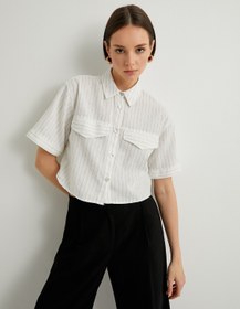 Resim Crop Gömlek Kısa Kollu Cep Detaylı Düğmeli Keten Karışımlı 