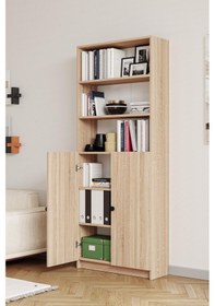 Resim Bili Kitaplık 5 Raflı 2 Kapaklı Çok Amaçlı Ofis Salon Kitap Dosya Rafı Meşe Meşe 