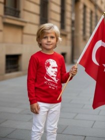 Resim Zekids Çocuk Pamuklu Atatürk Ve İmza Baskılı Uzun Kollu T-shirt-16318 Kırmızı 