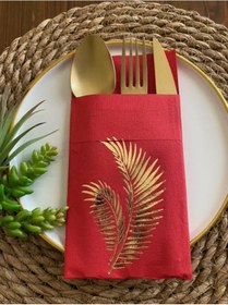 Resim Gold Yaldızlı Kırmızı Yaprak Cepli Peçete 12 lı 40x40 
