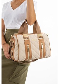Resim Just Polo Kadın Günlük Kullanıma Uygun Ayarlanabilir Askılı Büyük Boy Lüks El & Omuz Çantası Shoulder Bag Krem Taba 