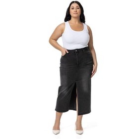 Resim Disentis Büyük Beden Önden Yırtmaç Detaylı Beş Cepli Midi Denim Siyah Etek-siyah Siyah 