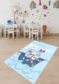 Resim Pelangi Denizci Korsan Desenli Dijital Baskı Yıkanabilir Kaymaz Taban Çocuk Odası Halısı, Turkuaz 60 x 200 