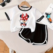 Resim Resmi Mickey Mouse 2 Parça Yazlık Kız Modası Şort Takımı - Sevimli Mickey Baskılı Yuvarlak Yaka Kısa Kollu Üst + Elastik Bel Şortlar, Rahat Nefes Alabilen Yumuşak Genç Kız Giysileri, Dış Mekan İçin Mükemmel Hediye 