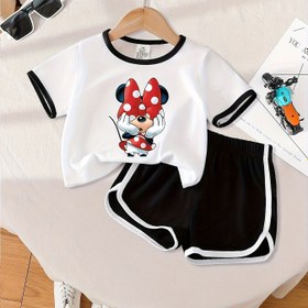 Resim Resmi Mickey Mouse 2 Parça Yazlık Kız Modası Şort Takımı - Sevimli Mickey Baskılı Yuvarlak Yaka Kısa Kollu Üst + Elastik Bel Şortlar, Rahat Nefes Alabilen Yumuşak Genç Kız Giysileri, Dış Mekan İçin Mükemmel Hediye 