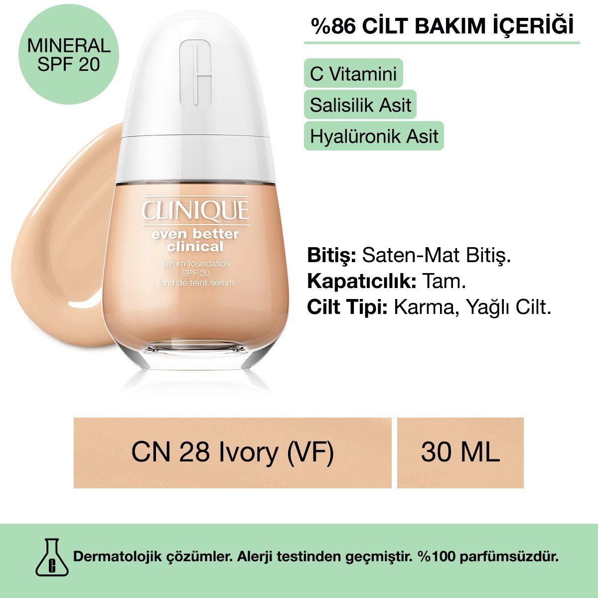 Clinique Even Better Clinical™ Serum Fondöten SPF 20 CN 28 Ivory (VF) 30ml Saten-Mat Bitişli Tam Kapatıcılık Fiyatı ve Özelliklerı - Badem