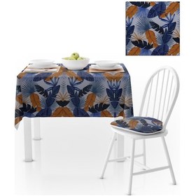 Resim Renkli Desenli Modern Lacivert Taba Dijital Baskılı Petek Dokuma Masa Örtüsü 140x140 