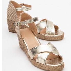 Resim Luvi Shoes Miria Altın Hakiki Deri Çapraz Bantlı Kadın Dolgu Topuklu Sandalet Altın 