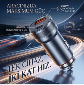 Resim 48w Hızlı Araç Şarj Cihazı - Çift Port Pd 30w Ve Qc 18w Usb Araç Şarjı - 