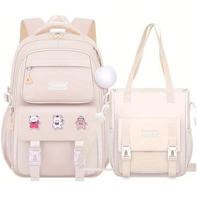 Resim Meridiangoods Bej Sevimli Moda Öğrenci İki Parça Sırt Çantası Seti Büyük Kapasiteli Dayanıklı Lise Seyahat Çantası Bej 