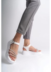 Resim Eva Kalın Tokalı Taşlı Şeritli Ortopedik Taban Kadın Sandalet Bt - Beyaz Beyaz 