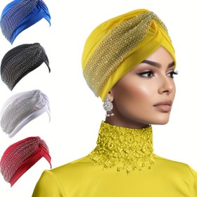 Resim Kadınlar için Lüks Taşlı Fiyonk Süslemeli Elastik Bant Kemoterapi Başörtüsü - Hafif Çok Renkli Düz Renk Eşarplar Kanser Hastaları & Moda Aksesuarları 