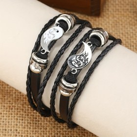 Resim 2'li Boho Tarzı Bilezik Seti - Vintage Tai Chi Yin Yang El Dokuma PU Deri Kol Bantları 