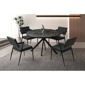 Resim Ahşap Yuvarlak Açılır Büyüyen Yemek Masa Sandalye Takımı 4 Sandalyeli Siyah Mermer Desen 