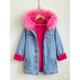 Resim Burçak Butik Kız Çocuk Kapüşonlu Içi Peluş Kürklü Kot Mont Kaban - Kışlık 
