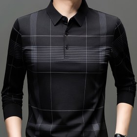 Resim Erkek Şık Siyah ve Beyaz Ekose Golf Gömleği - Uzun Kollu, Düğmeli Yaka, Nefes Alabilen Polyester, Bahar ve Sonbahar Açık Hava Aktiviteleri için Mükemmel, Golf Gömleği 