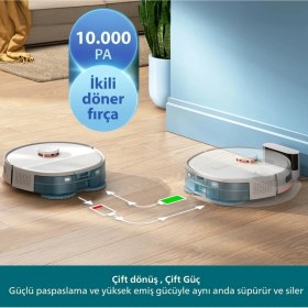 Resim Philips 10000PA Robot Vacuum Homerun 5000 Çift Döner Mop Lazer Teknolojisi 4800MAH 200DK Çalışma Süresi Akıllı Süpürge Beyaz 