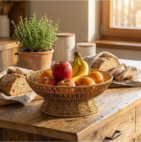 Resim Hobibahçem 25 Cm Plastik Rattan Servis Çanağı - Doğal Hasır Görünümlü Dekoratif Meyve, Ekmek Ve Sunum Kasesi 