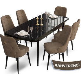 Resim Canisa Concept Taç Serisi 80X132 Açılabilir Siyah Mermer Desen Masa Takımı 6 Sandalye Gold Halkalı 